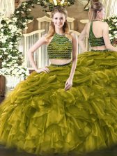  Floor Length Olive Green Quinceanera Gown Halter Top Sleeveless Zipper