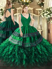 On Sale Organza V-neck Sleeveless Zipper Beading and Ruffles Quince Ball Gowns in Dark Green