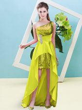  Yellow Prom and Party with Beading and Sequins One Shoulder Sleeveless Lace Up