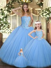 Romantic Baby Blue Ball Gowns Tulle Sweetheart Sleeveless Beading Floor Length Lace Up Quinceanera Gowns