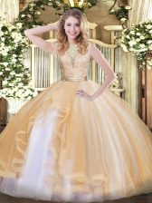 Decent Champagne Scoop Neckline Lace and Ruffles Sweet 16 Quinceanera Dress Sleeveless Backless