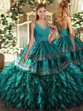  Teal V-neck Neckline Ruffles Quinceanera Dress Sleeveless Backless