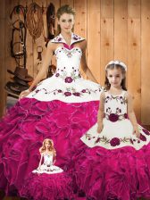  Ball Gowns 15th Birthday Dress Fuchsia Halter Top Tulle Sleeveless Floor Length Lace Up