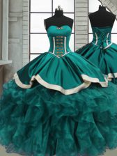 Flare Floor Length Lace Up Quinceanera Gown Teal for Sweet 16 and Quinceanera with Beading and Ruffles