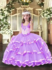  Organza Straps Sleeveless Lace Up Beading and Ruffled Layers High School Pageant Dress in Lilac