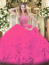  Hot Pink Tulle Zipper Sweet 16 Dresses Sleeveless Floor Length Beading and Ruffles