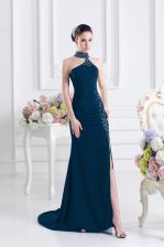  Navy Blue Elastic Woven Satin Lace Up Evening Dress Sleeveless Sweep Train Beading