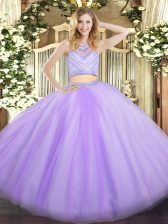 Super Floor Length Lavender 15th Birthday Dress Tulle Sleeveless Beading