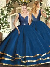 Great Teal Tulle Backless Quinceanera Gown Sleeveless Floor Length Beading and Ruffled Layers