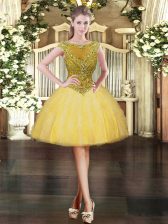 Dazzling Tulle Scoop Cap Sleeves Zipper Beading and Ruffles in Gold