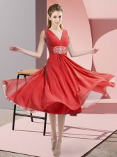  V-neck Sleeveless Damas Dress Knee Length Beading Coral Red Chiffon