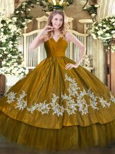  V-neck Sleeveless Zipper Quinceanera Gowns Brown Satin and Tulle