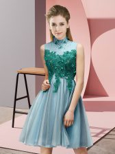 Custom Fit Aqua Blue Tulle Lace Up Court Dresses for Sweet 16 Sleeveless Knee Length Appliques