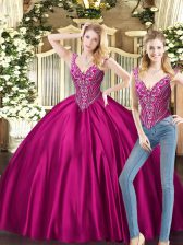  Beading Sweet 16 Dresses Fuchsia Lace Up Sleeveless Floor Length