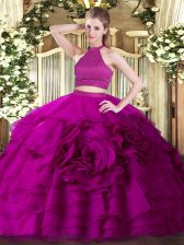  Halter Top Sleeveless Tulle Vestidos de Quinceanera Beading and Ruffles Backless