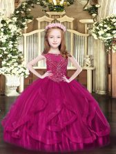  Fuchsia Zipper Scoop Beading and Ruffles High School Pageant Dress Tulle Sleeveless