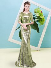 Exquisite Yellow Green Half Sleeves Floor Length Sequins Zipper Evening Dress