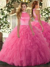 Sophisticated Hot Pink Backless Halter Top Beading and Ruffles Ball Gown Prom Dress Organza Sleeveless