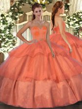  Sweetheart Sleeveless Quinceanera Gowns Floor Length Beading and Ruffled Layers Orange Red Organza