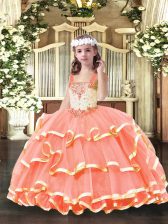  Straps Sleeveless Lace Up Little Girls Pageant Dress Orange Red Organza