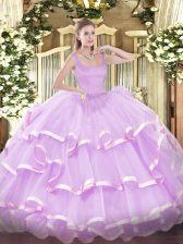 Customized Sleeveless Organza Floor Length Zipper 15 Quinceanera Dress in Lilac with Beading and Ruffled Layers