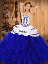 High End Blue And White Ball Gowns Embroidery and Ruffles 15th Birthday Dress Lace Up Satin and Organza Sleeveless Floor Length