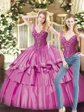 New Style Fuchsia Ball Gowns Beading and Ruffled Layers 15th Birthday Dress Lace Up Organza Sleeveless Floor Length