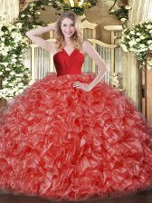 Modern Sleeveless Organza Floor Length Zipper 15th Birthday Dress in Red with Ruffles