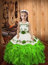  Ball Gowns Straps Sleeveless Organza Floor Length Lace Up Embroidery and Ruffles Kids Formal Wear