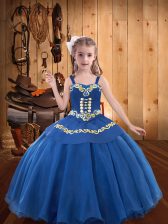 Fashionable Blue Ball Gowns Straps Sleeveless Organza Floor Length Lace Up Beading and Embroidery and Ruffles Little Girls Pageant Dress Wholesale