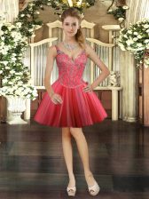 Fantastic Sleeveless Tulle Mini Length Lace Up Prom Dresses in Coral Red with Beading