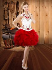  Red Ball Gowns Embroidery and Ruffles Prom Gown Lace Up Organza Sleeveless Mini Length