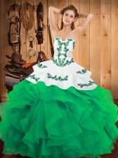  Green Sleeveless Satin and Organza Lace Up Quinceanera Dress for Military Ball and Sweet 16 and Quinceanera