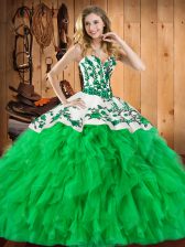 Trendy Satin and Organza Sweetheart Sleeveless Lace Up Embroidery and Ruffles Quinceanera Gowns in Green