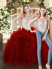 Cute Wine Red Tulle Zipper Scoop Sleeveless Floor Length Quince Ball Gowns Beading and Ruffles