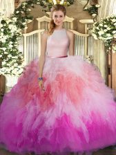 Custom Fit Sleeveless Backless Floor Length Beading and Ruffles Quince Ball Gowns