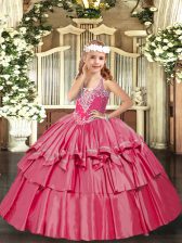 Trendy Hot Pink Lace Up Kids Formal Wear Beading and Ruffled Layers Sleeveless Floor Length