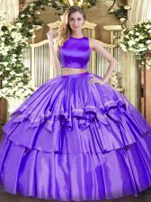  Two Pieces Ball Gown Prom Dress Purple High-neck Tulle Sleeveless Floor Length Criss Cross