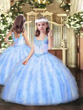  Light Blue Ball Gowns Beading and Ruffles Custom Made Pageant Dress Lace Up Organza Sleeveless Floor Length