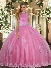 Extravagant Rose Pink Backless Quinceanera Dresses Beading and Appliques Sleeveless Floor Length