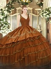  Sleeveless Satin and Tulle Floor Length Zipper Quinceanera Gowns in Brown with Beading and Embroidery and Ruffled Layers