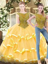 Unique Gold Bateau Zipper Beading and Ruffled Layers Quinceanera Gown Sleeveless