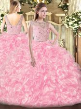  Rose Pink Sleeveless Beading and Ruffles Floor Length Sweet 16 Quinceanera Dress