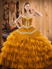 Elegant Gold Sweetheart Neckline Embroidery and Ruffled Layers Sweet 16 Quinceanera Dress Sleeveless Lace Up