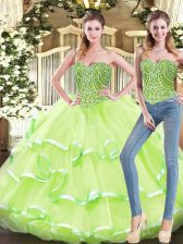 Glittering Yellow Green Sweetheart Lace Up Beading and Ruffled Layers 15th Birthday Dress Sleeveless