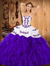  White And Purple Ball Gowns Embroidery and Ruffles Quince Ball Gowns Lace Up Satin and Organza Sleeveless Floor Length