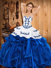 Discount Blue Satin and Organza Lace Up Quinceanera Gown Sleeveless Floor Length Embroidery and Ruffles