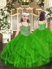  Green Lace Up Glitz Pageant Dress Beading and Ruffles Sleeveless Floor Length