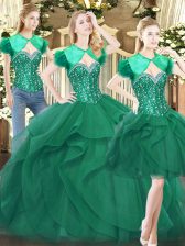  Sleeveless Floor Length Beading and Ruffles Lace Up Sweet 16 Quinceanera Dress with Dark Green