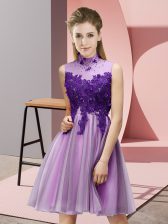  Empire Court Dresses for Sweet 16 Lilac High-neck Tulle Sleeveless Knee Length Lace Up